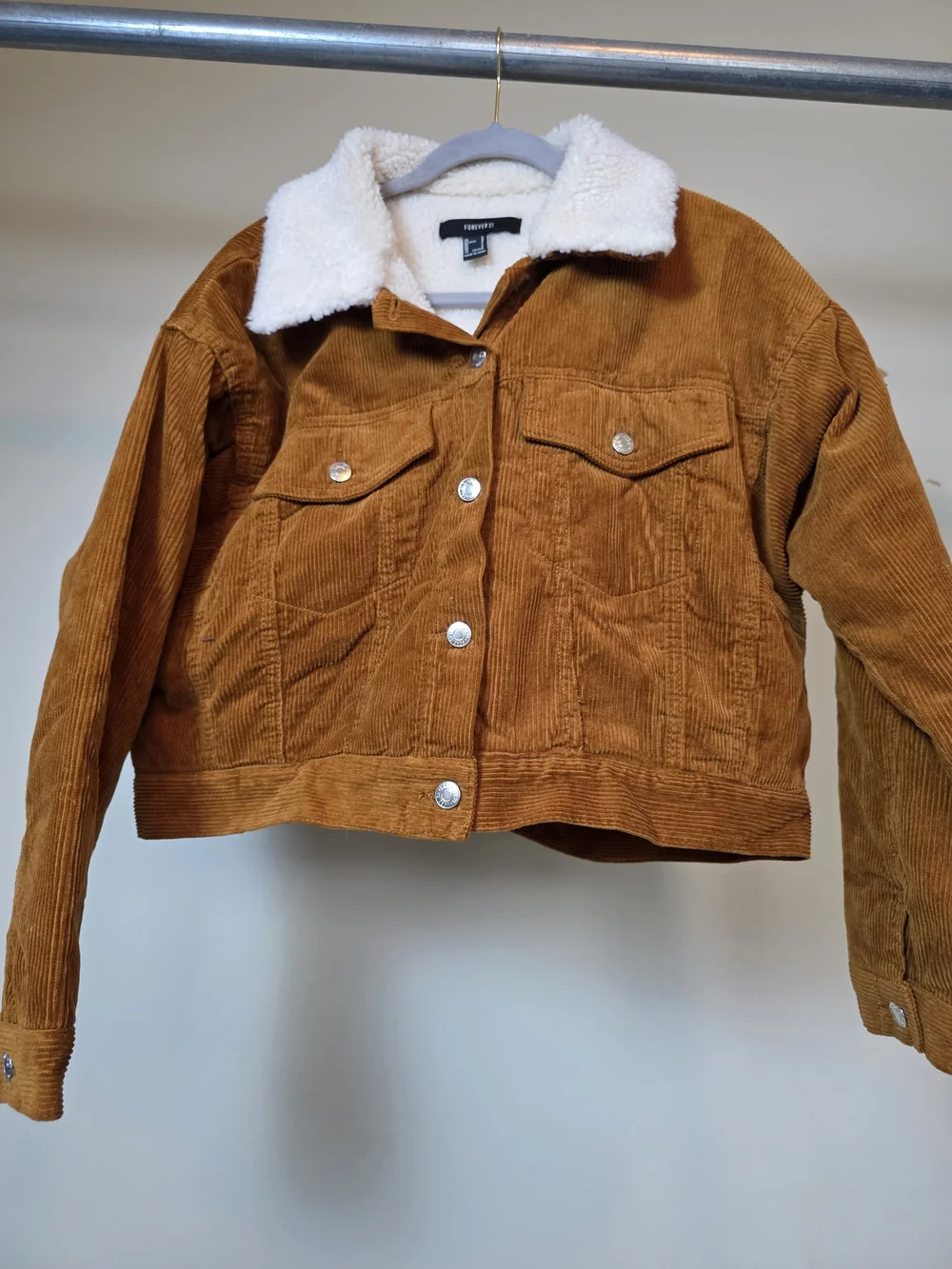 Forever 21 Sherpa Lined Corduroy Trucker Jacket Brown Cropped Button Front Women